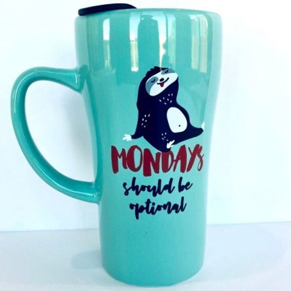 NWT Clay Art Sloth Mondays Should be Optional Blue Ceramic Tall Tumbler Lid Mug